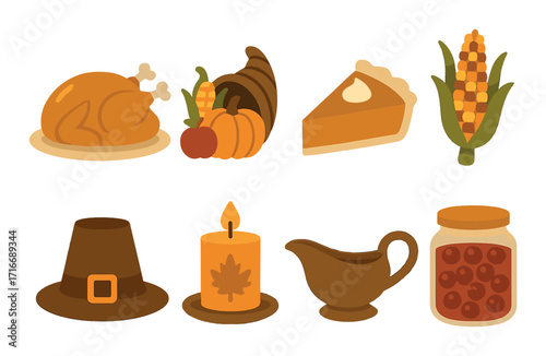 Thanksgiving icons: turkey, pumpkin pie, cornucopia, corn, pilgrim hat, candle, gravy boat, cranberry jar