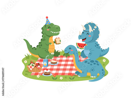 Joyful cartoon dinosaurs enjoying a delightful picnic party with treats and sandwiches in a sunny meadow setting