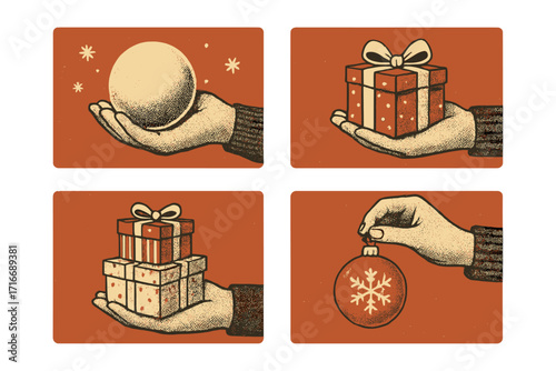 Vintage Christmas card set with hands holding festive elements. Retro halftone illustration for holiday banners with snowball, gift boxes, and xmas tree ball. Nostalgic winter concept.