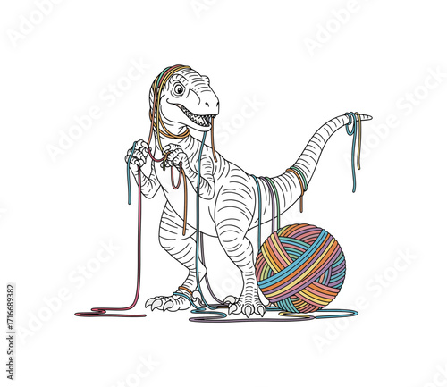 Whimsical raptor tangled in colorful yarn, a playful and imaginative scene for creative projects and children's themes