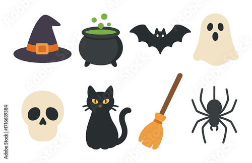 Halloween icons: witch hat, cauldron, bat, ghost, skull, black cat, broom, spider
