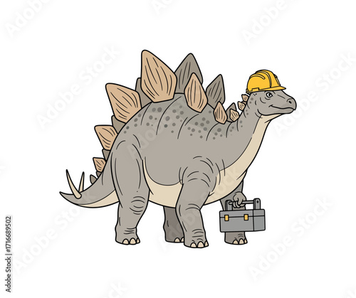 Friendly Stegosaurus wearing a hard hat and carrying a toolbox, ready for a day of construction and adventure in the prehistoric era