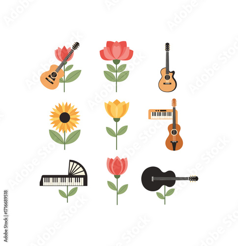 Vibrant musical instruments and colorful flowers harmoniously bloom together, creating a visually delightful blend of nature and melody