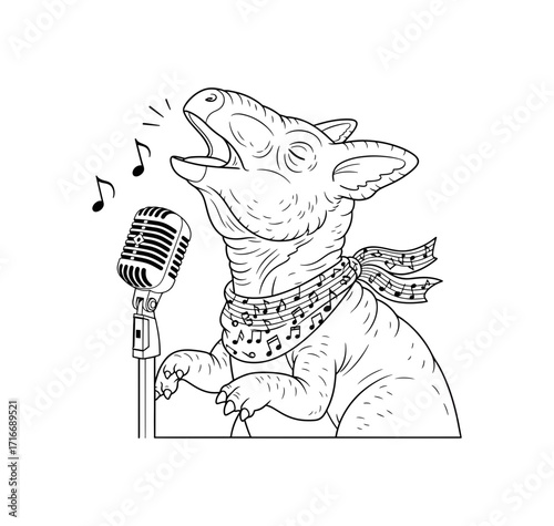Enchanting dinosaur crooner belts out a tune with musical notes swirling around a vintage microphone, radiating pure joy.
