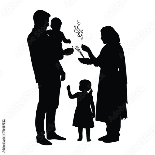 Family ritual with incense smoke burning