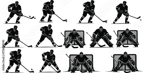 Black and white ice hockey silhouettes of players and goalies in action poses, skating, shooting, defending, sports vector illustration with goal nets