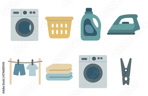 Laundry essentials: washer, detergent, basket, iron, clothesline, dryer, peg