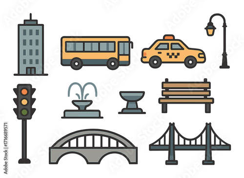 City icons: traffic lights, transportation, park benches, architectural structures