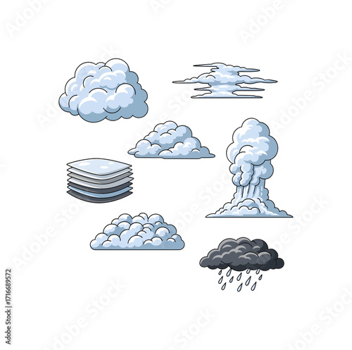 Dynamic collection of cartoon clouds and atmospheric phenomena including stormy rain and fluffy cumulus formations