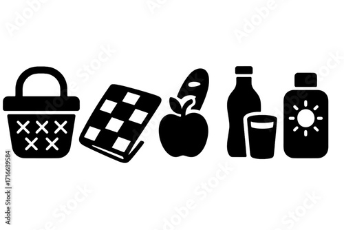 Picnic essentials icon set with basket, blanket, food, drink, and summer sunblock. Bold silhouette vector illustration for outdoor recreation, leisure, and summer fun.