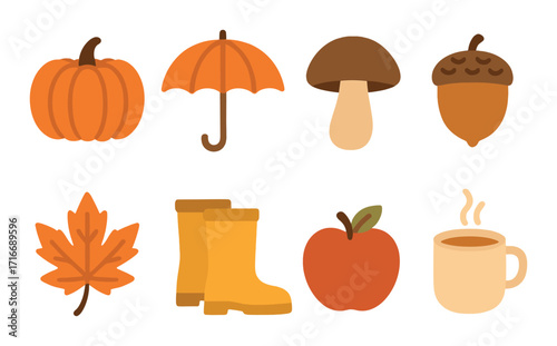 Autumn symbols collection: pumpkin, umbrella, mushroom, acorn, leaf, boots, apple, hot drink