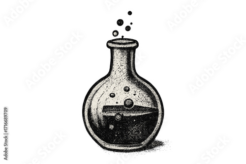 Halloween potion bottle vector illustration in vintage halftone grunge style. Magic elixir or poison in a glass flask with bubbles. Retro dotwork clipart for witchcraft and alchemy.