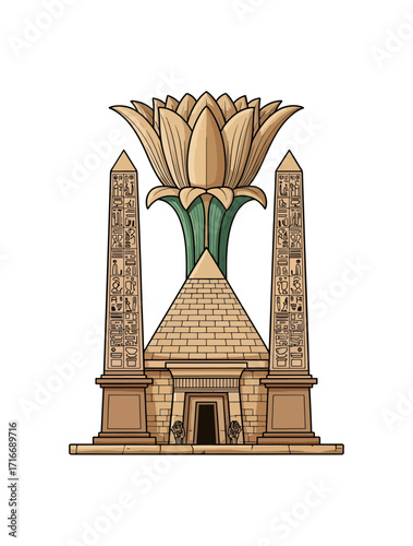 Discover ancient Egyptian wonders with a majestic pyramid, towering obelisks etched with hieroglyphs, and a symbolic lotus bloom representing rebirth and creation.