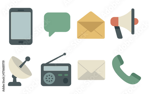 Digital and analog communication icons: smartphone, envelope, megaphone, and more