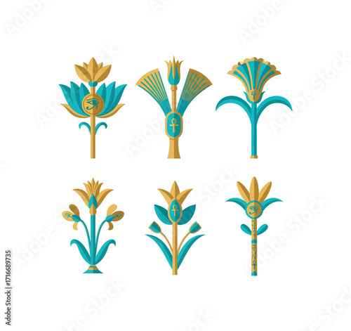 Discover stunning Egyptian floral motifs with ancient symbols like the Eye of Horus and Ankh, perfect for cultural designs and historical projects