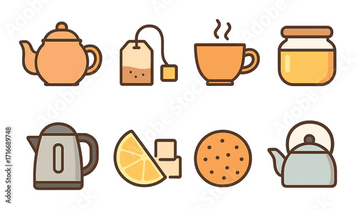 Tea essentials: teapots, cups, tea bags, lemon, biscuits, honey, kettle icons