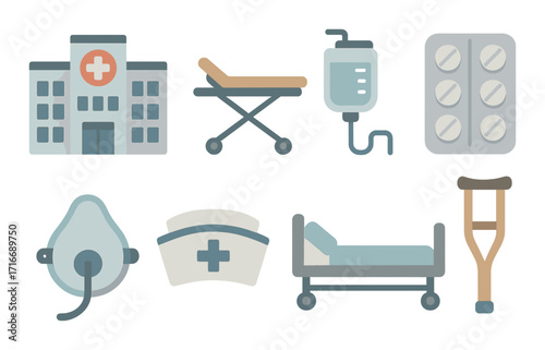 Healthcare icons: hospital, bed, iv, medicine, crutch, nurse hat, mask for medical care