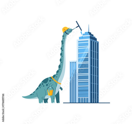 Whimsical dinosaur diligently cleaning skyscraper windows with a squeegee, bringing a smile to any business or construction project