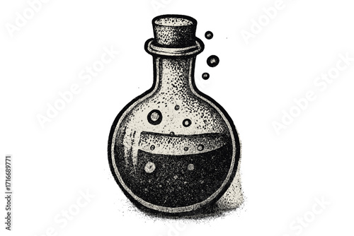Halloween potion bottle vector. Vintage dotwork illustration for magic, alchemy, or poison concept. Spooky witch brew in glass flask with bubbles. Retro grunge fantasy art.