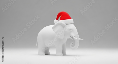 White elephant wearing a red santa hat isolated on white background, symbolizing christmas or a festive celebration