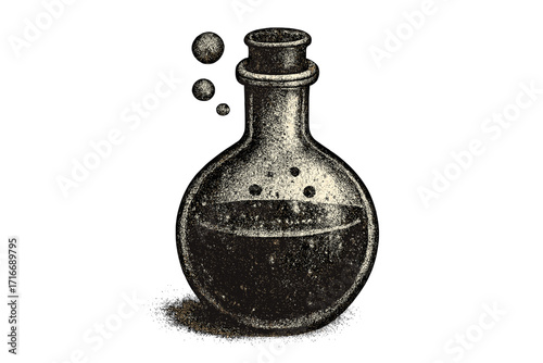 Witchcraft potion in bottle with bubbles. Halloween alchemy elixir. Halftone dotwork texture. Vintage grunge vector illustration for magic, sorcery, poison, fantasy art.