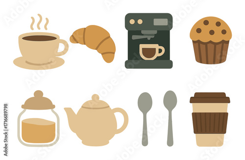 Coffee station essentials: cup, croissant, machine, muffin, honey, teapot, spoons, to-go cup