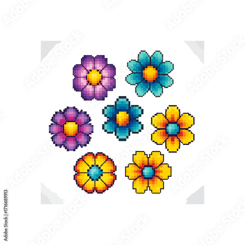 Vibrant pixel art flowers in cheerful rainbow colors bring a playful retro charm to any creative project design