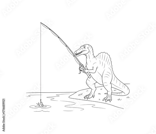 Whimsical Spinosaurus dinosaur patiently fishing for a tasty fish in a serene river, perfect for children's books and creative projects