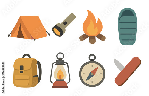 Camping equipment icons: tent, flashlight, fire, sleeping bag, backpack, lantern, compass, knife
