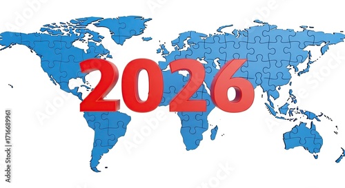 World map with the year 2026 in red, indicating a future global event or forecast
