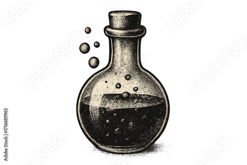 Magic potion in a glass flask with bubbles. Vintage halftone clipart for Halloween. Retro 90s grunge style vector illustration. Alchemy, witchcraft, poison, science lab.