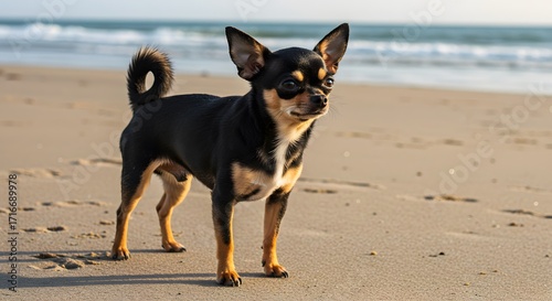  Black and Tan Chihuahua on Sandy Beach with Ocean Calm and Footprints