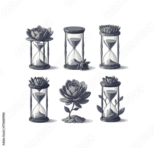 Elegant hourglass designs blending timeless sand flow with blooming floral beauty, symbolizing growth and the passage of moments