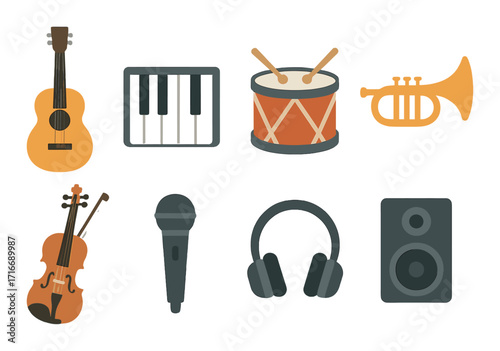 Musical instrument set with guitar, drum, piano, violin, microphone, headphones, speaker, trumpet