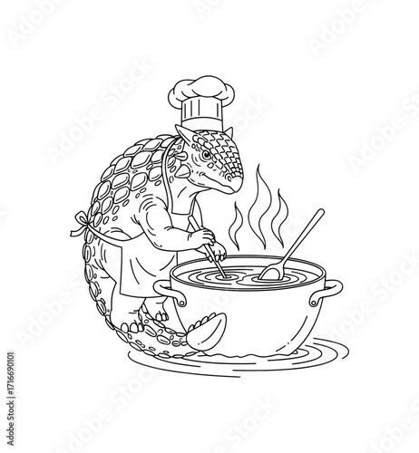 Whimsical armadillo chef in toque and apron stirs steaming soup in a large pot, creating culinary delight with a playful artistic touch