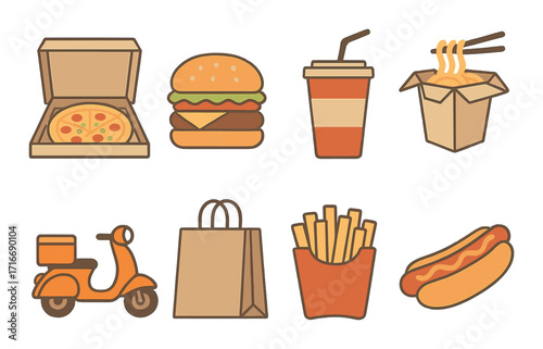 Fast food icons: pizza, burger, noodles, delivery, and more
