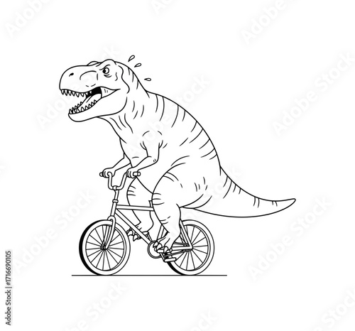 Humorous T-Rex dinosaur pedaling a bicycle with a determined expression and sweat drops showing exertion