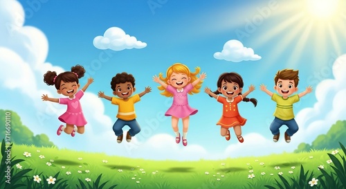 A group of diverse children joyfully jumping on a green hill under a sunny sky