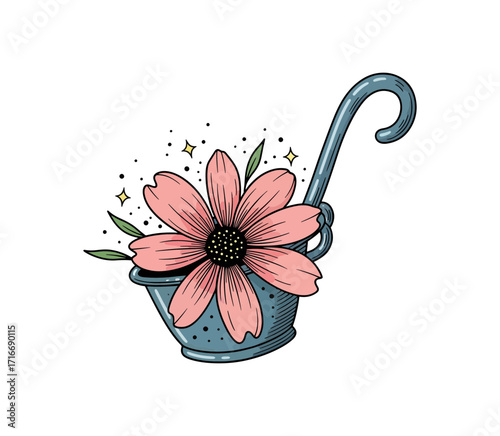 Delicate pink daisy blooming in a vintage blue tea strainer with sparkling magic dust, evoking whimsical garden charm