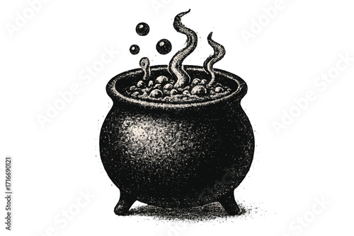 Witch cauldron with boiling magic potion. Spooky Halloween witchcraft concept. Vintage dotwork illustration. Retro grunge style sketch for wizardry, sorcery and alchemy.