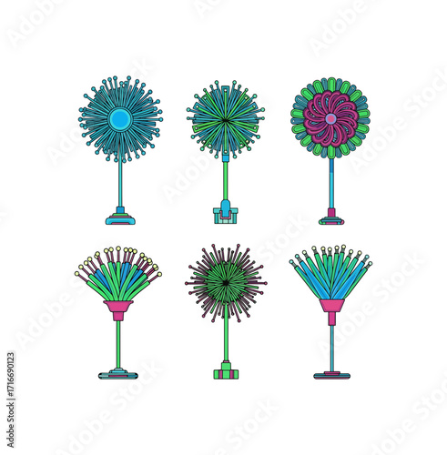 Vibrant abstract botanical sculptures with modern geometric design and bright color palettes, perfect for futuristic decor and creative projects