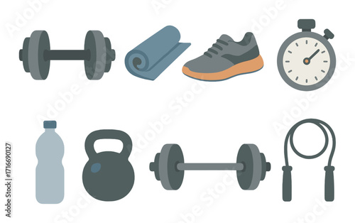 Essential fitness equipment: dumbbells, yoga mat, running shoes, stopwatch, water bottle, kettlebell, jump rope