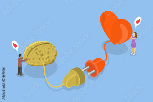 3D Isometric Flat Vector Illustration of Heart And Brain, Controlling Emotions With Emotional Intelligence, The Power Of Empathy, Self-Control, And Balance.
