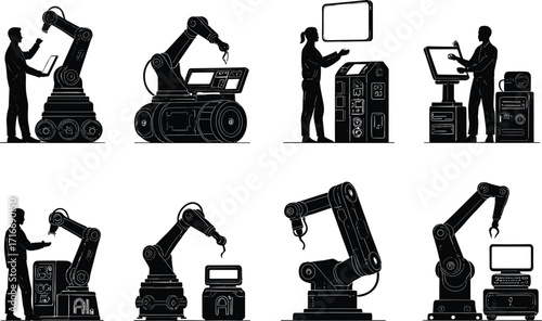 Black silhouette illustration of human interaction with robotic arms, automation systems, industrial technology, machine control, futuristic workplace, engineering innovation