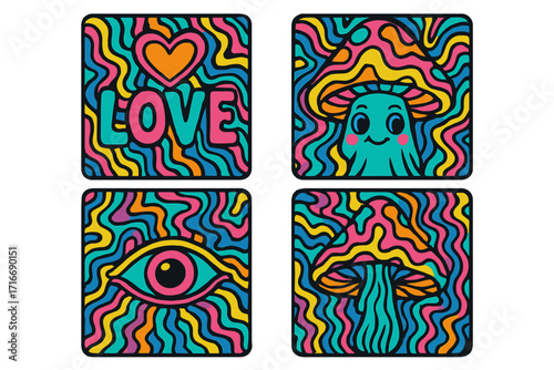 Psychedelic vector cards set with trippy patterns, magic mushroom character and eye. Groovy 90s neon illustration. Hippie love concept for rave party or trance music poster.
