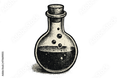 Magic potion in a vintage glass flask. Halftone vector illustration. Halloween witchcraft, alchemy, poison, elixir concept. Retro grunge clipart. Old style dotted texture.