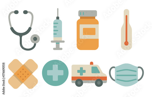Medical essentials icons: stethoscope, syringe, medicine, thermometer, bandage, ambulance, mask