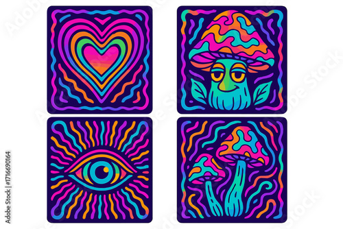 Psychedelic cards set with trippy patterns and magic mushroom character. Vector 90s neon illustration. Groovy hippie retro style. Rave party trance music concept. Esoteric art.