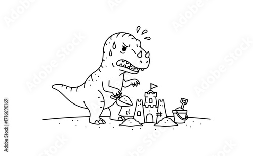Frustrated Tyrannosaurus Rex struggles to build a sandcastle with a bucket and shovel on a sunny beach day