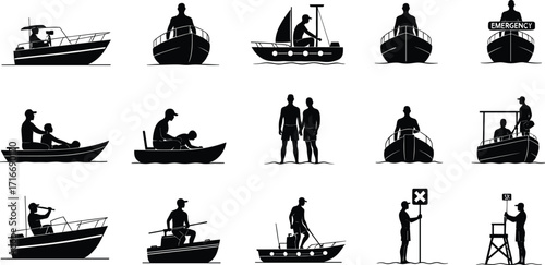 Boating silhouettes, water safety, lifeguard, emergency response, fishing, sailing, motorboat, binoculars, rescue, maritime activity, dock prep, sea transport